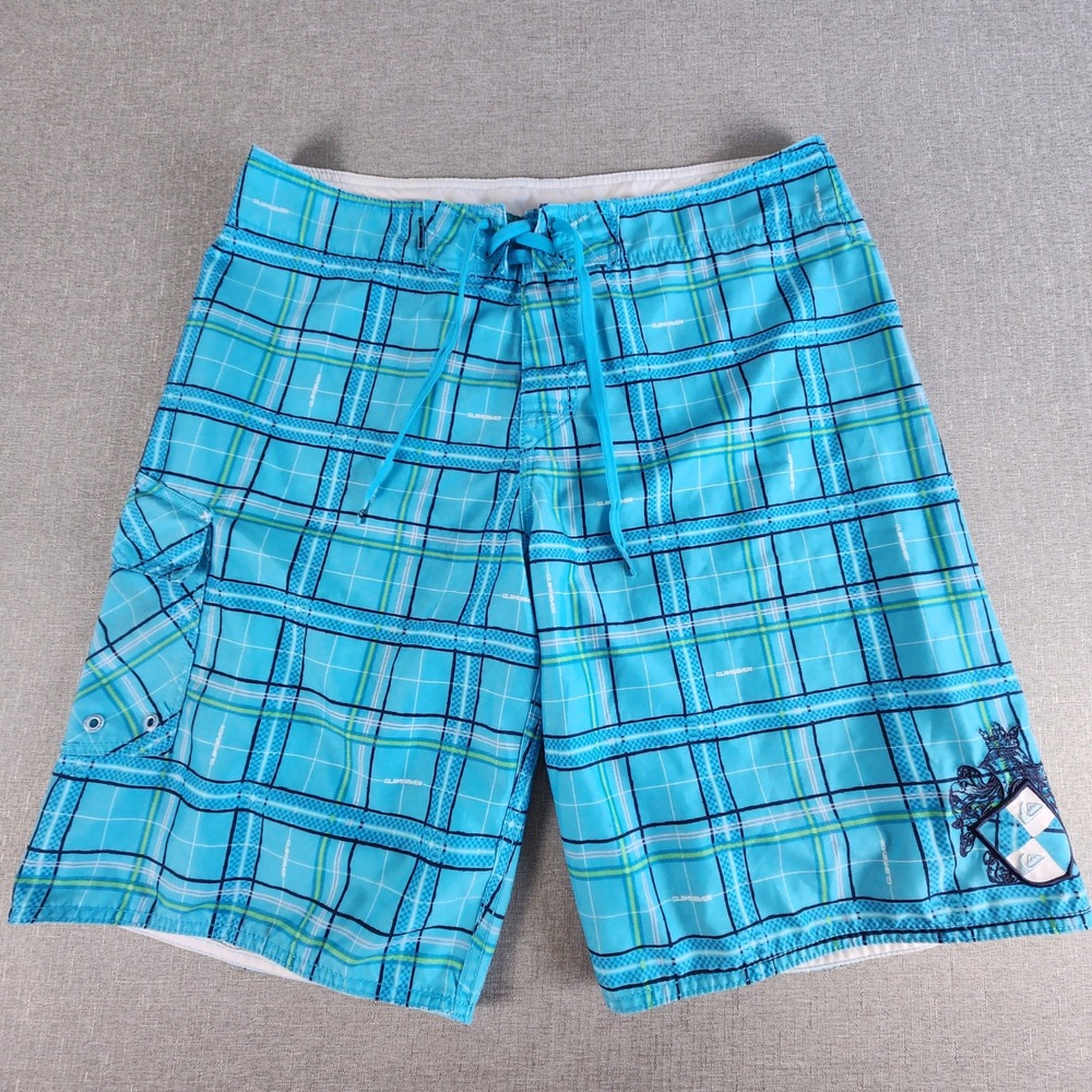 Quiksilver Mens Plaid Boardshorts Swim Trunks 34 Aqua Blue Cargo Pocket Surf EUC